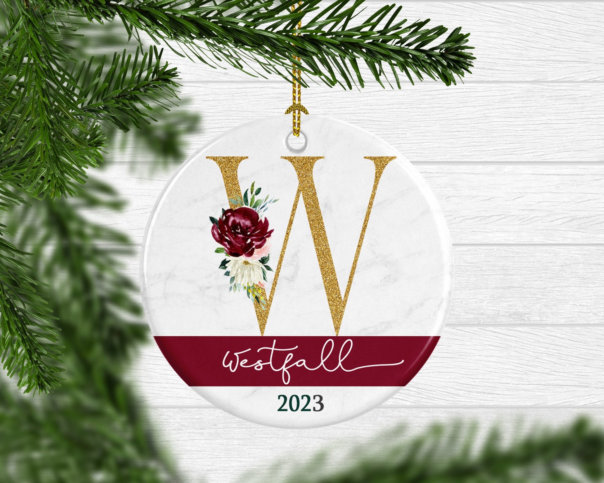 Burgundy Floral Monogram Christmas Ornament - Squishy Cheeks