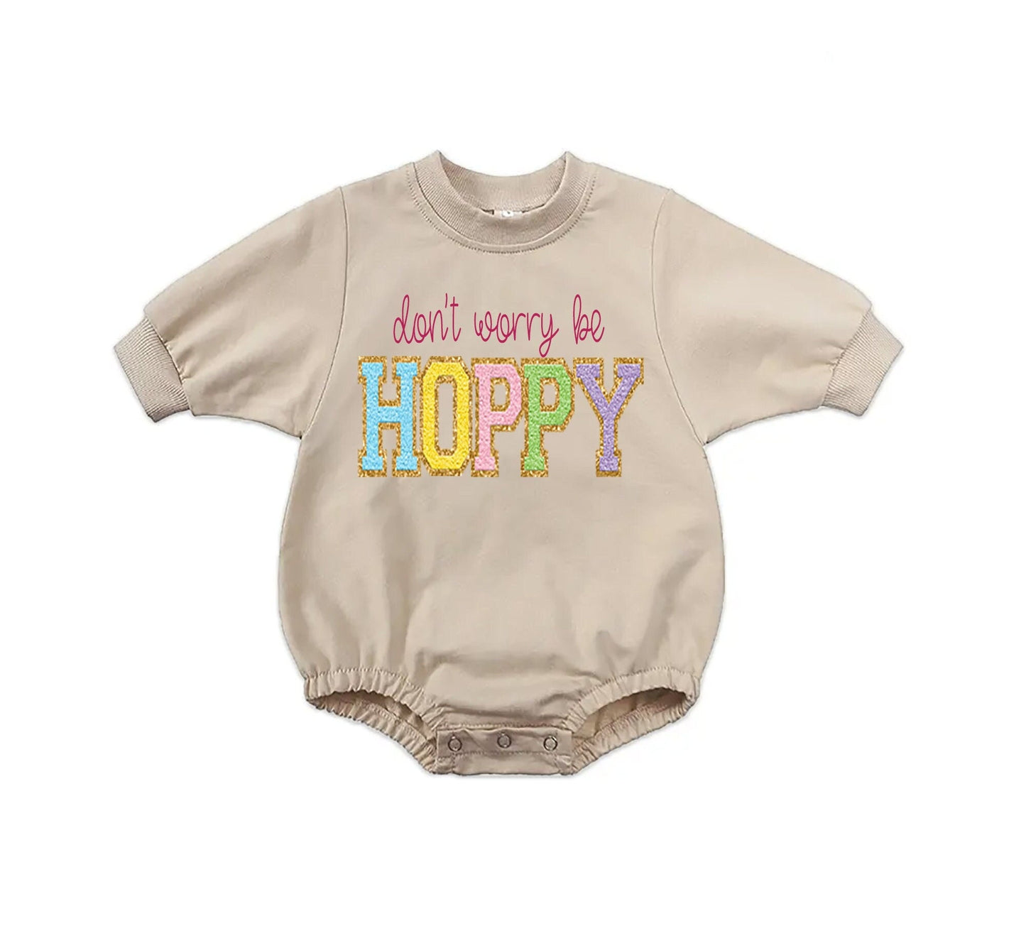Chenille Easter Romper Don't Worry Be Hoppy Bubble Romper Baby Toddler Sweatsuit - Squishy Cheeks