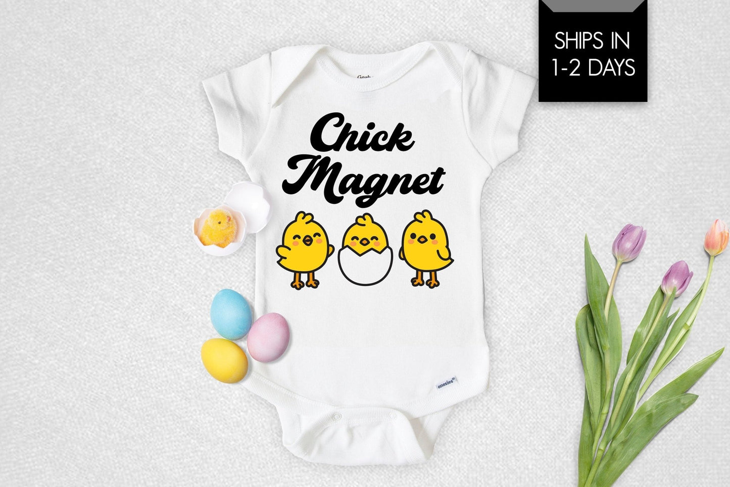Chick Magnet Onesie® Funny Easter Onesie® Baby Boy Onesie® Funny Easter Bodysuit Baby Shower Gift - Squishy Cheeks