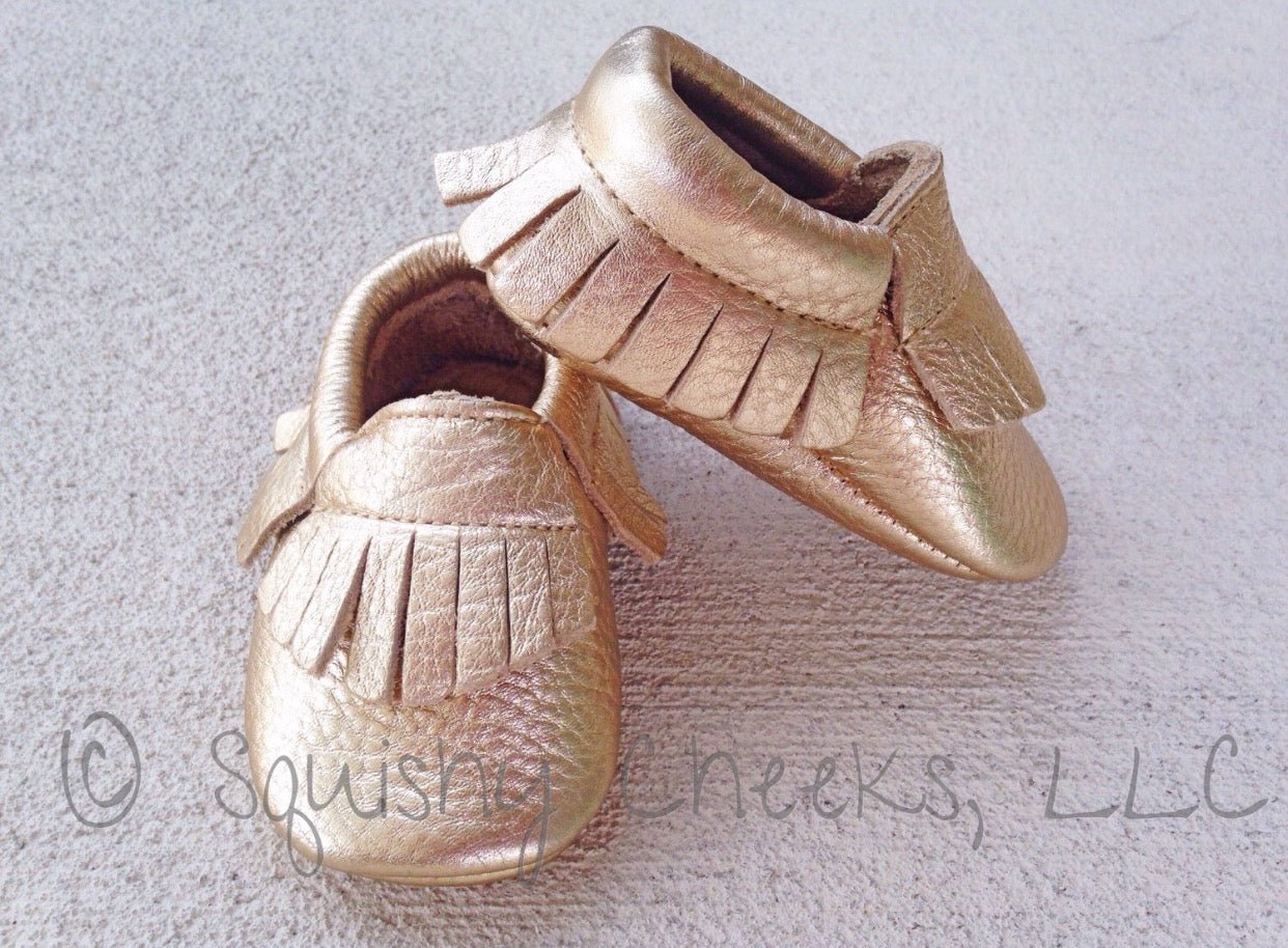CLEARANCE Leather Gold Moccasins - Squishy Cheeks