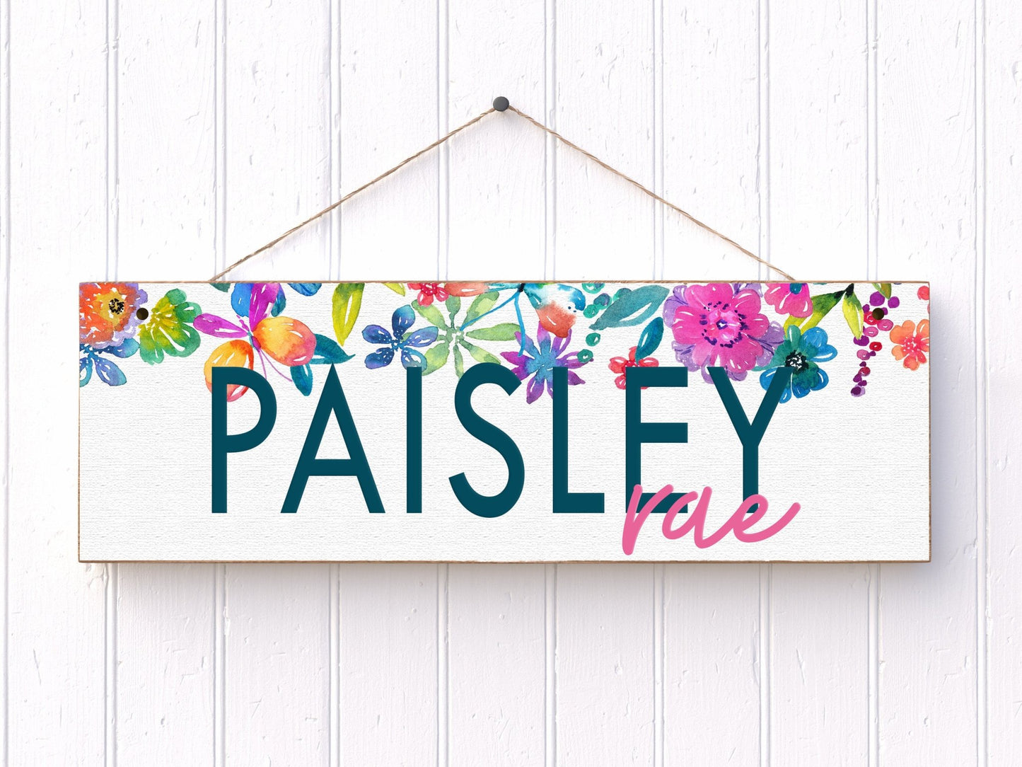 Colorful Girly Floral Nursery Sign Hanging Name Plaque 15"x6" - Squishy Cheeks