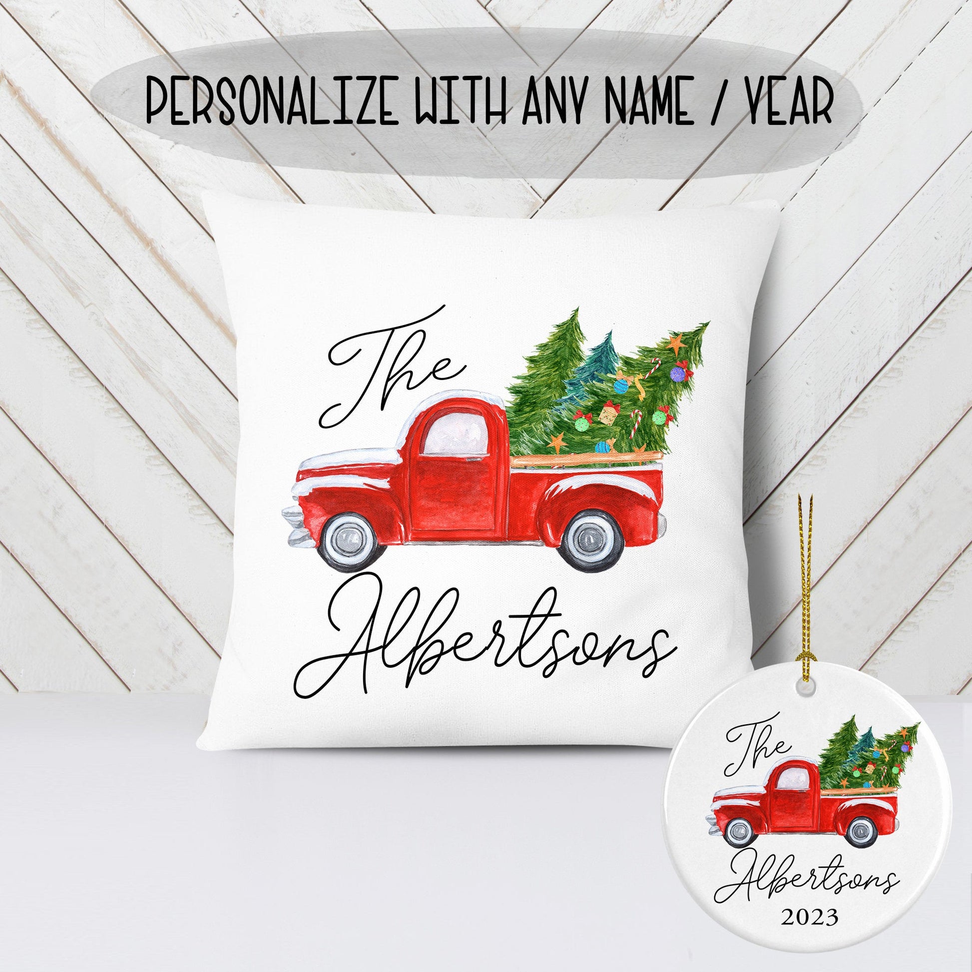 Custom Last Name Vintage Truck Christmas Decor Throw Pillow - Squishy Cheeks