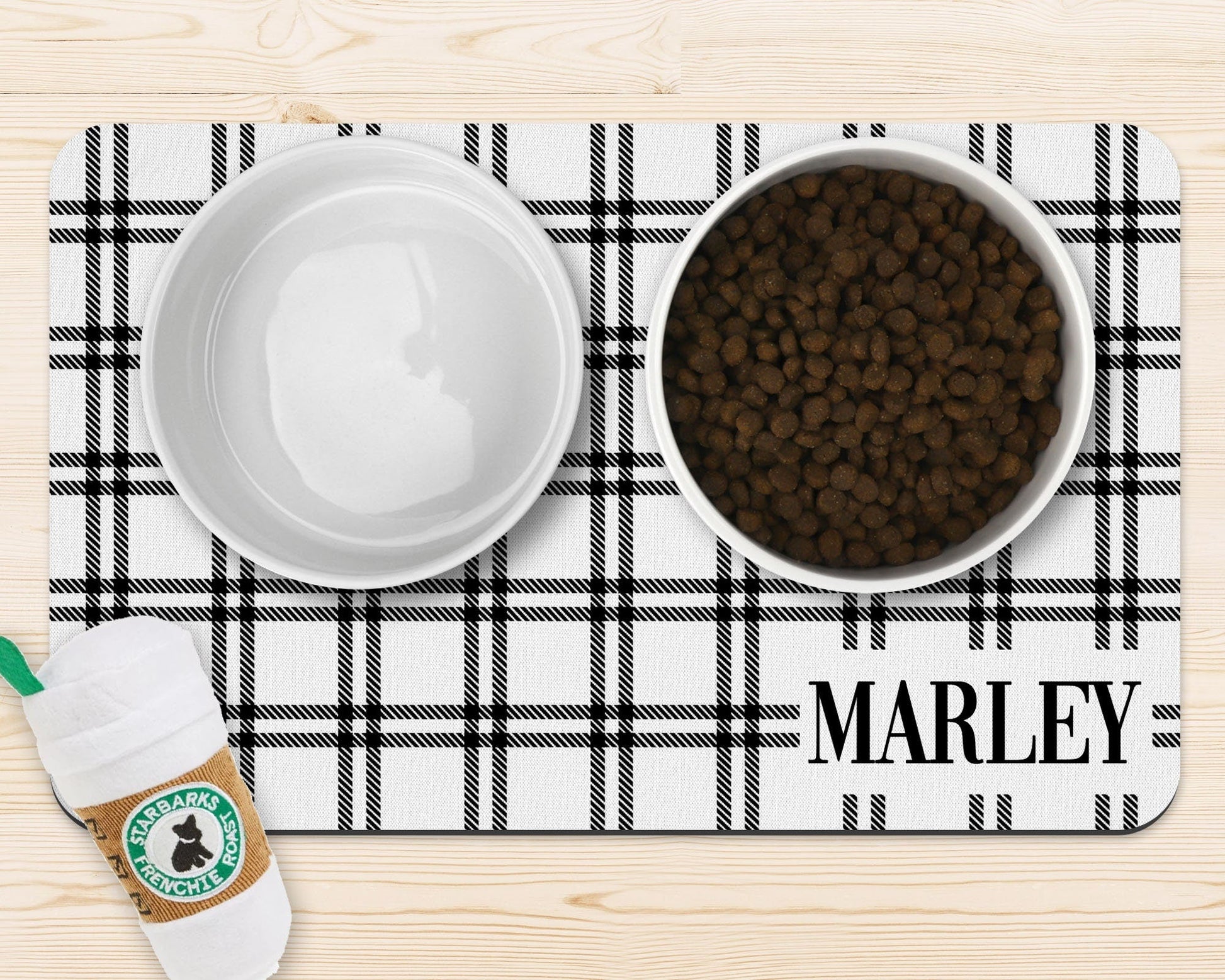 Custom Personalized Dog Mat Pet Placemat Cat Food Mat with Name Gift for Pet 10x16 Rubber Non-Slip Mat Black and White Plaid - Squishy Cheeks
