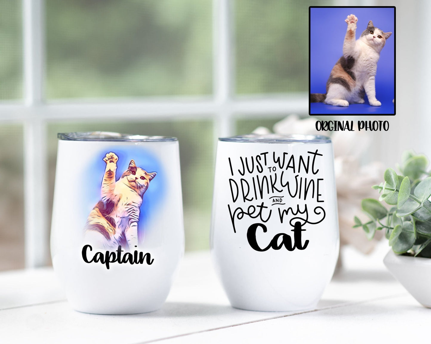 Custom Photo Drink Wine And Pet My Cat Tumbler - Squishy Cheeks