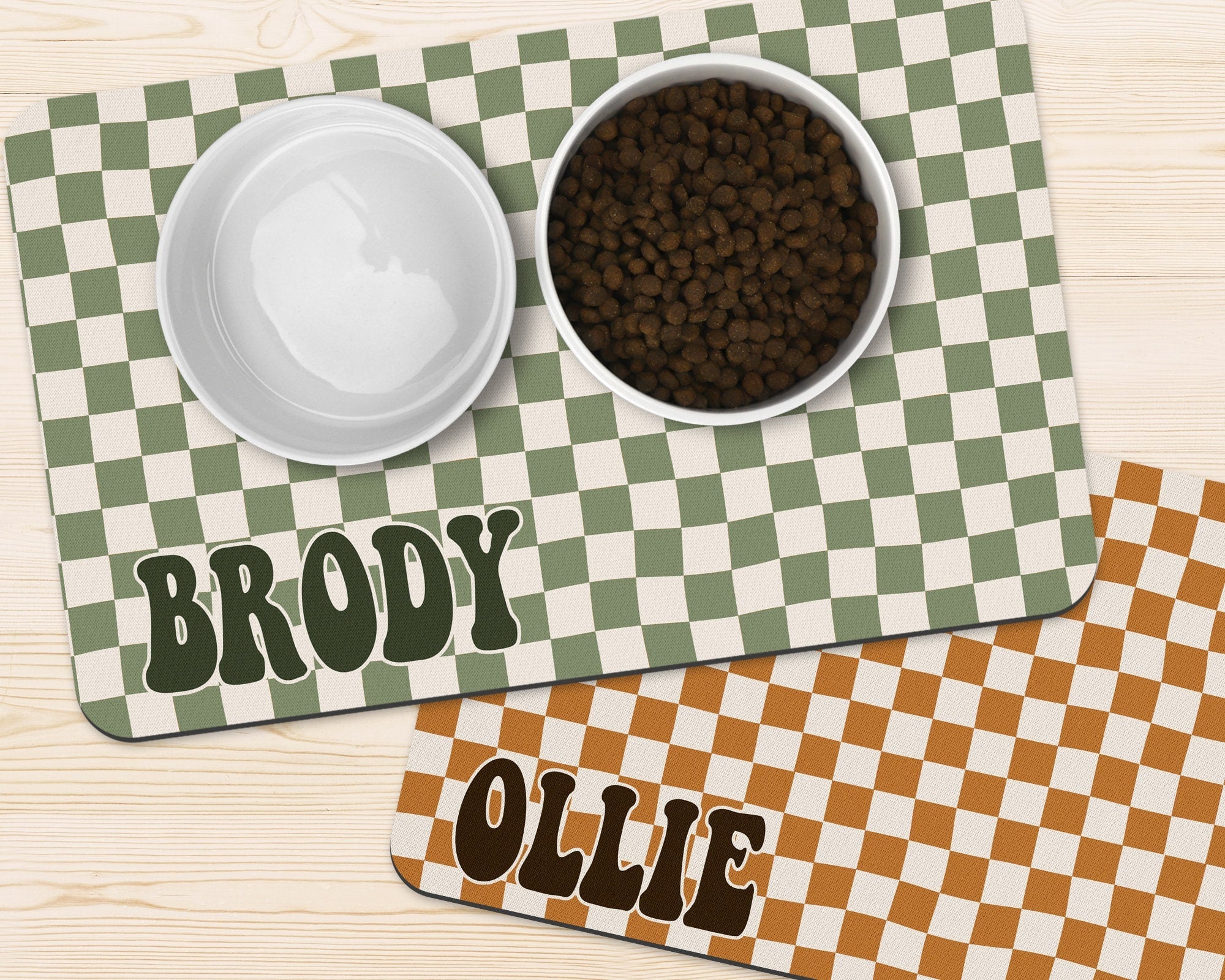 Custom Retro Checkered Personalized Dog Food Mat With Name Rubber