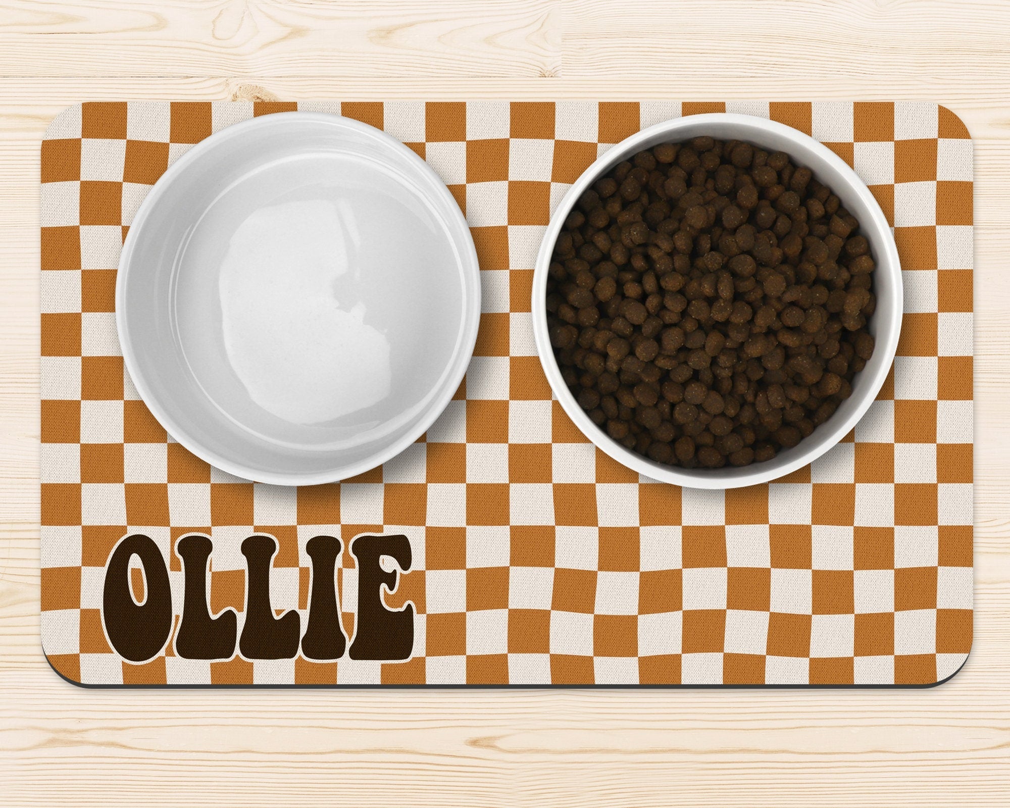 Custom Retro Checkered Personalized Dog Food Mat With Name Rubber Non Slip