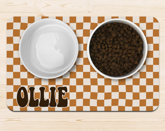 Custom Retro Checkered Personalized Dog Food Mat With Name Rubber Non-Slip - Squishy Cheeks