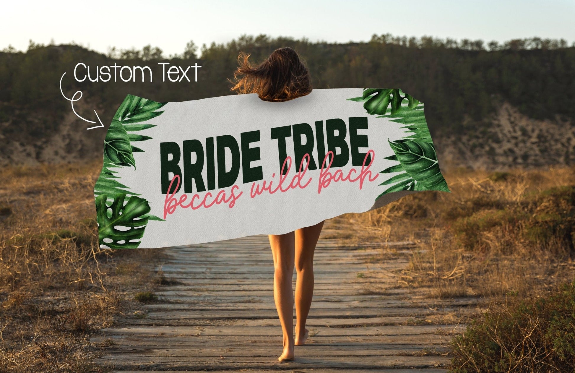 Custom Tropical Leaf Bride and Bridesmaid Beach Towel - Squishy Cheeks
