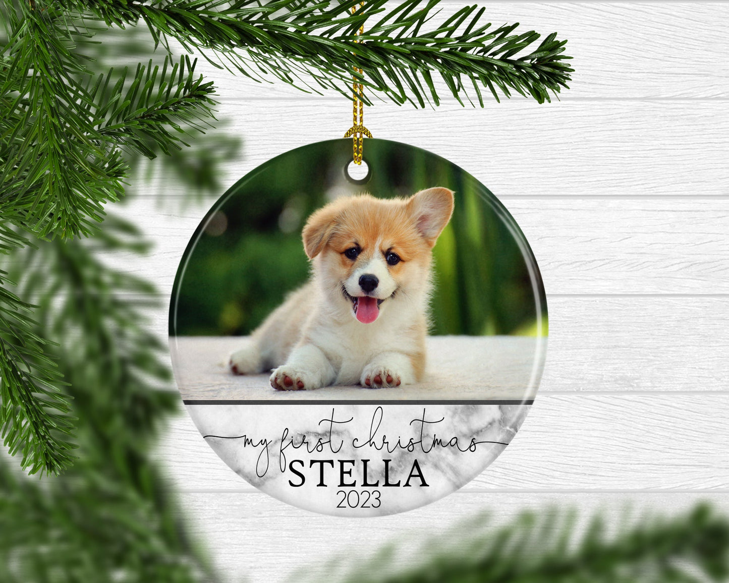 Dog My First Christmas Custom Photo Ceramic Ornament - Squishy Cheeks