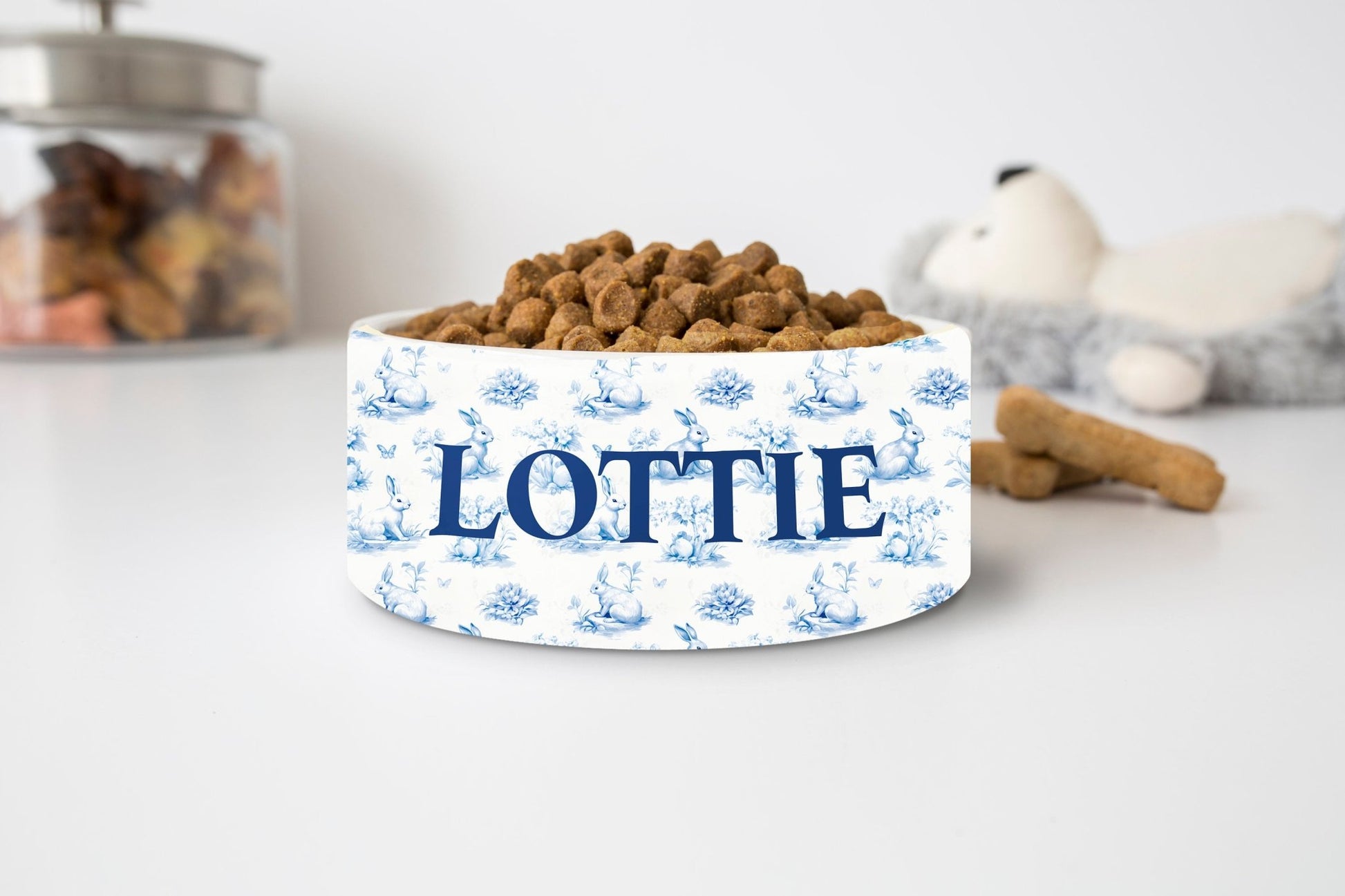 Easter Dog Bowl, Personalized Bunny Pet Bowl, Blue Toile Dog Bowl Food and Water - Squishy Cheeks