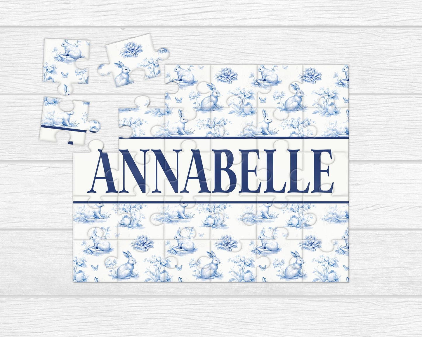 Easter Personalized Puzzle with Name Easter Basket Gift Blue Toile Bunny Puzzle - Squishy Cheeks