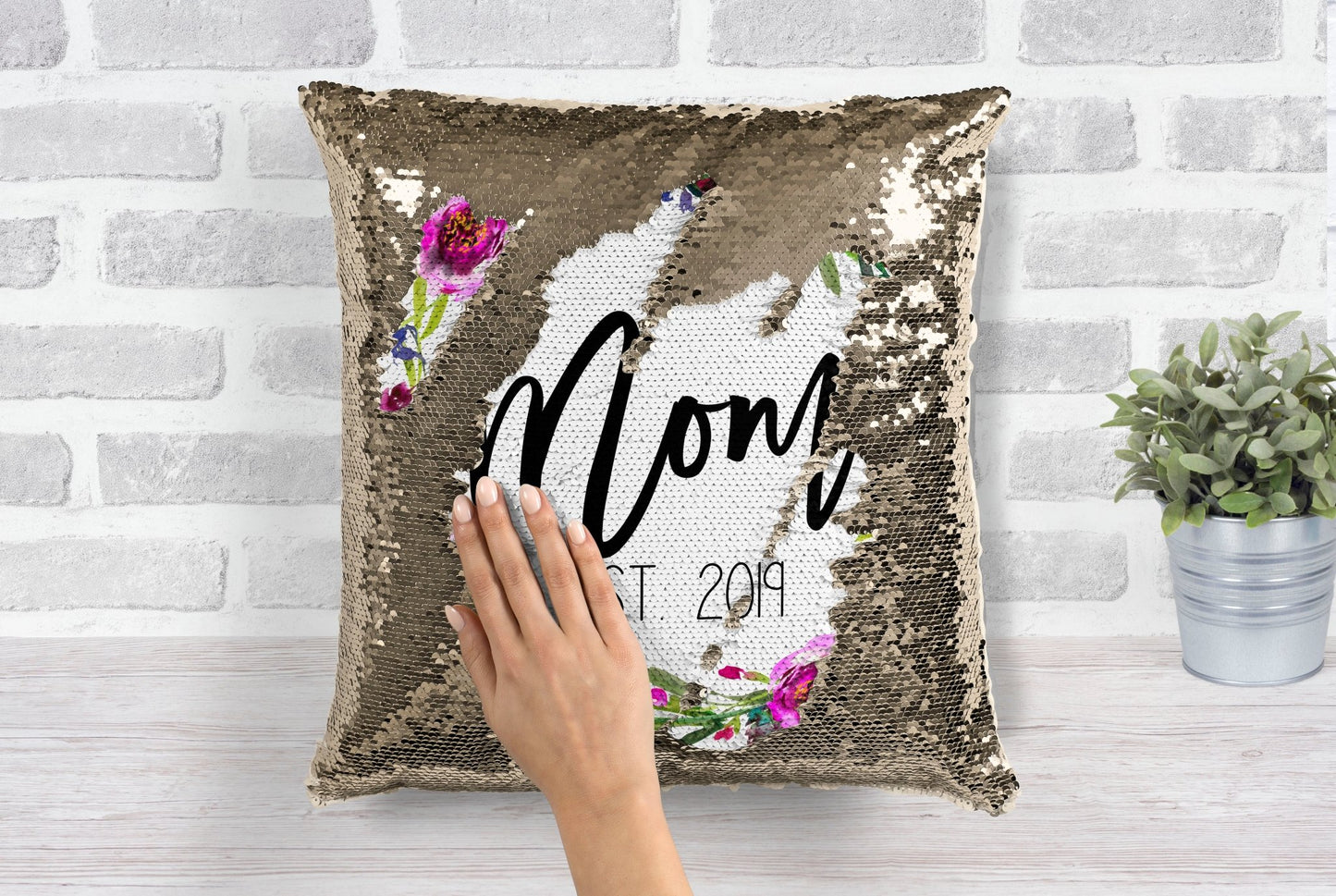 Floral Mom Est. Gold Sequin Pillow - Squishy Cheeks