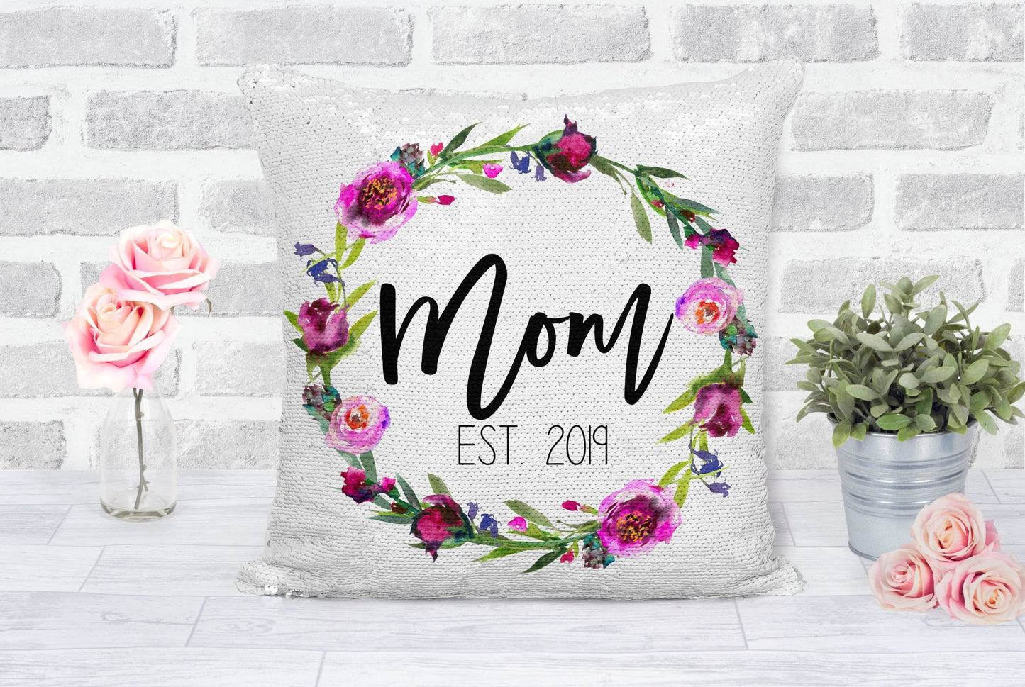 Floral Mom Est. Gold Sequin Pillow - Squishy Cheeks