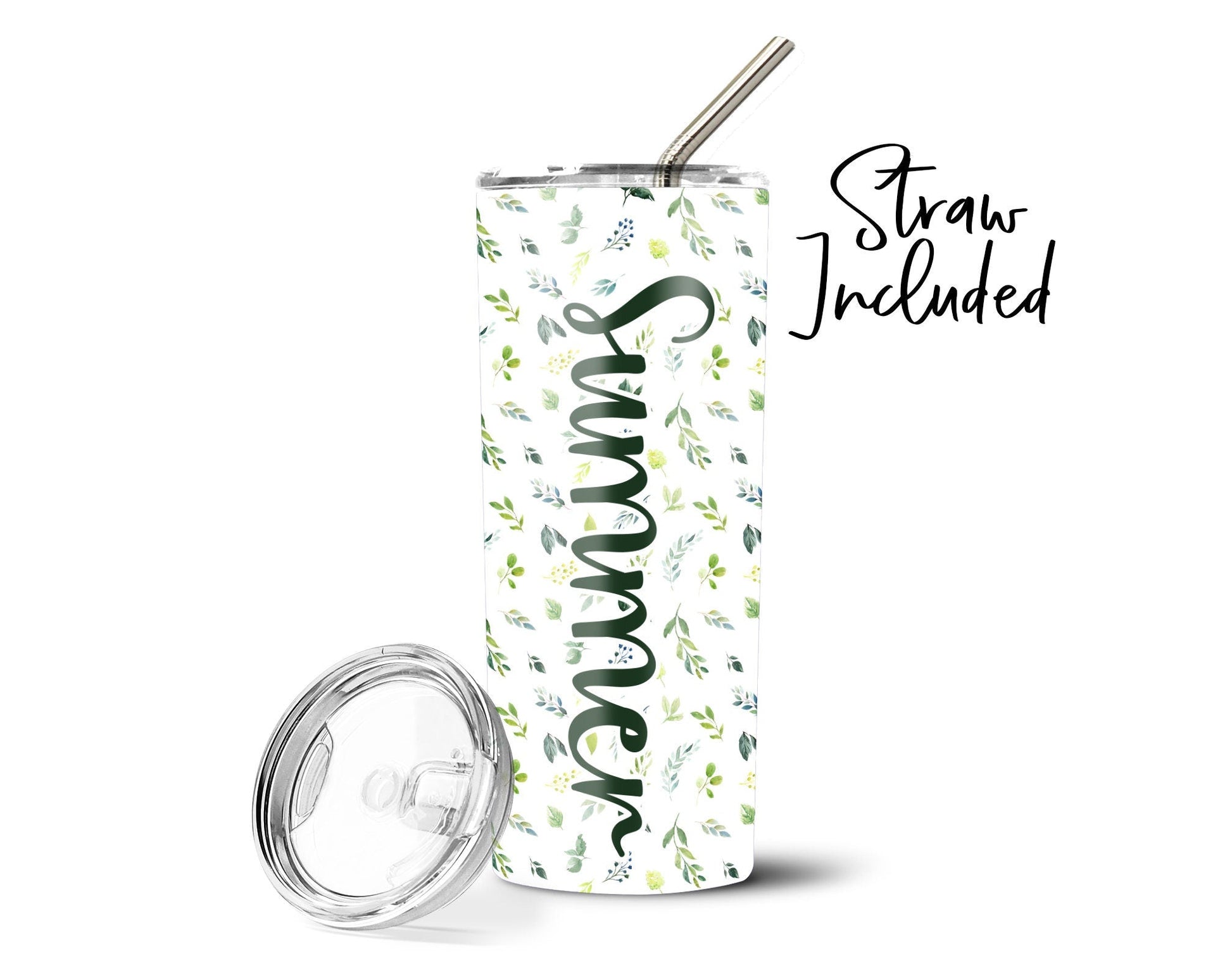 Floral Personalized Stainless Steel Tumbler with Stainless Steel Straw Small Floral Boho Gift Nature Present Water Bottle - Squishy Cheeks
