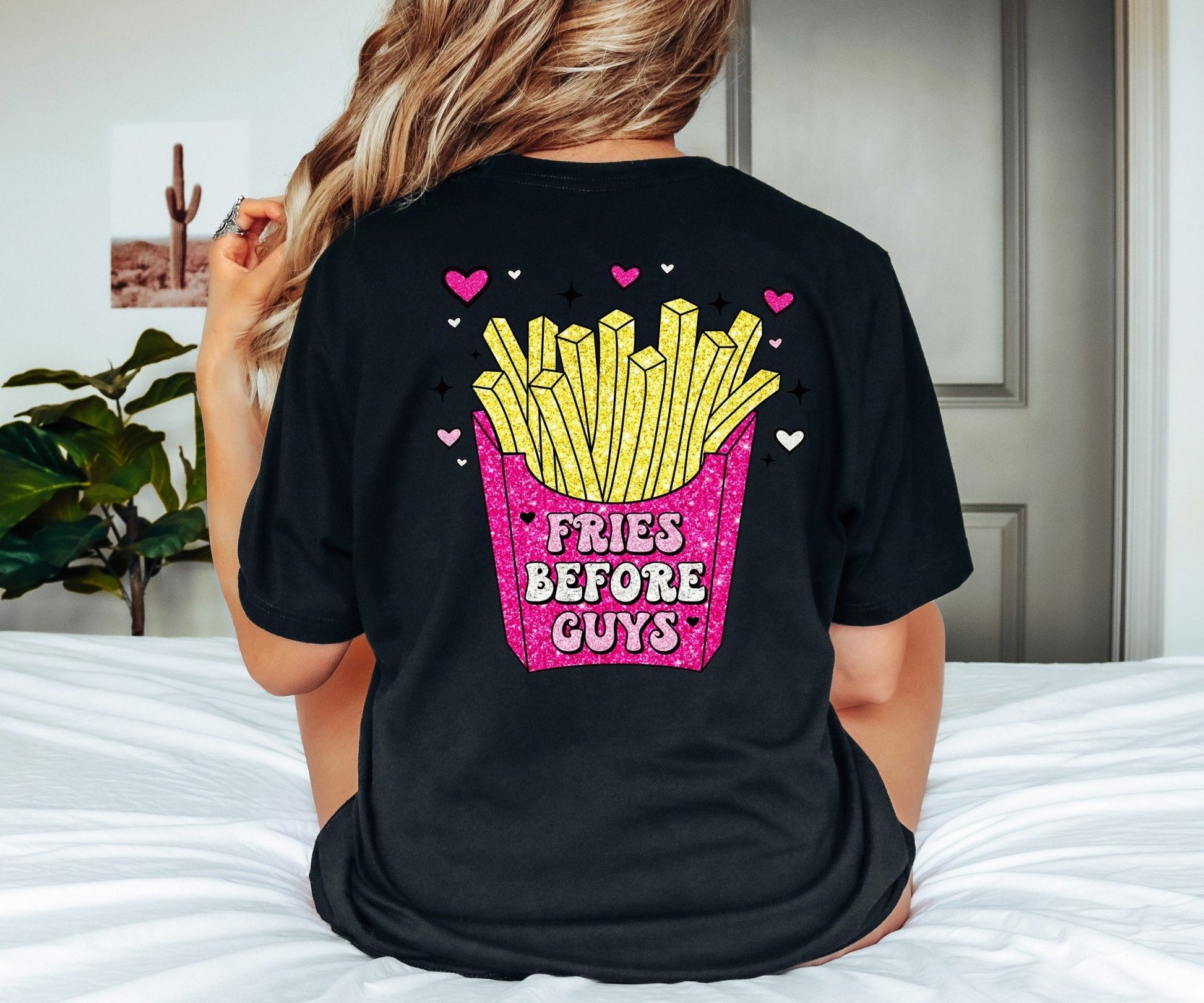 Fries Before Guys Faux Glitter Valentine's Day Pink Glitter Valentine Shirt - Squishy Cheeks