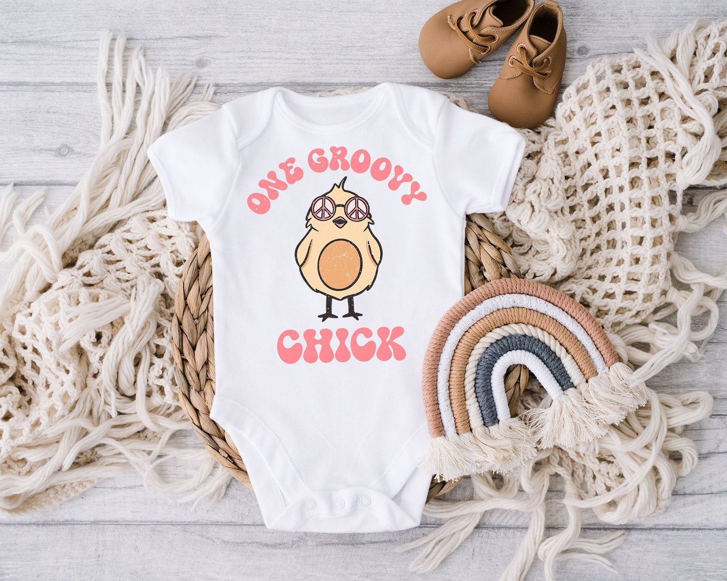 Funny Baby Girl Easter Bubble Romper One Groovy Chick Baby Girl Onesie® Toddler Easter Sweatsuit - Squishy Cheeks