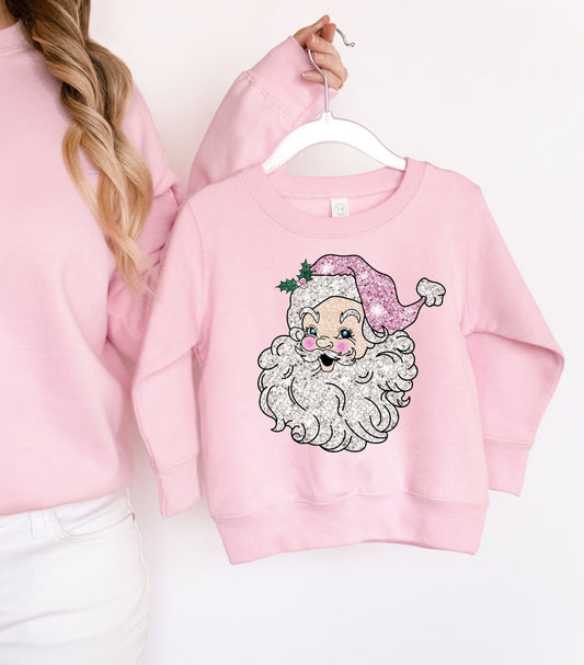 Girl Glitter Pink Santa Christmas Romper Pink Sweatshirt Sweater Weather - Squishy Cheeks