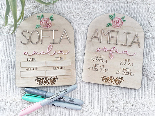 Girl Rose Birth Stat Name Sign Floral Wood - Squishy Cheeks