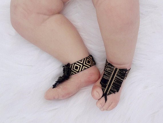 Girl's Black and Gold Boho Fringe Anklet Sandals - Squishy Cheeks