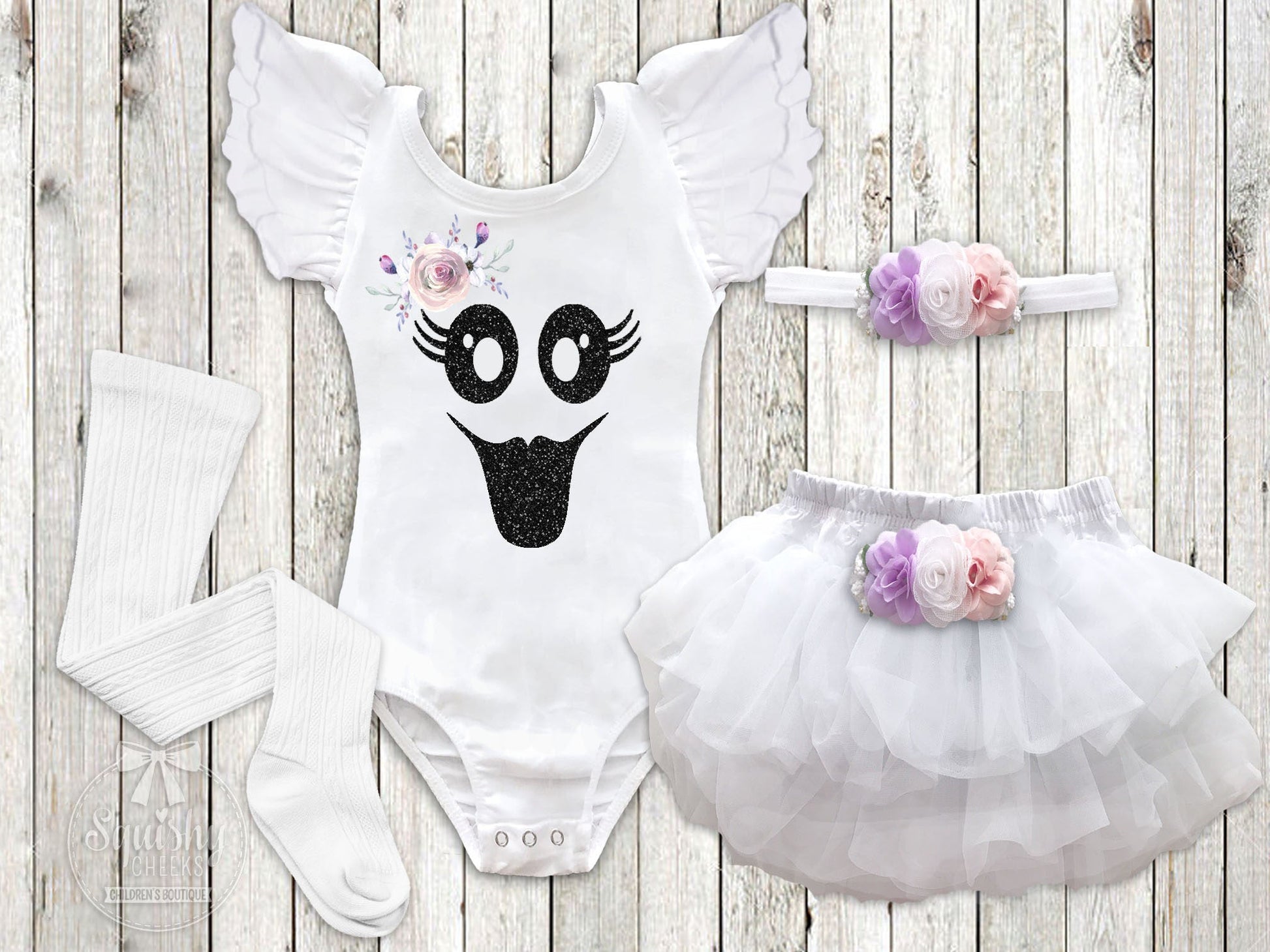 Girl's Floral Ghost Halloween Outfit - Squishy Cheeks