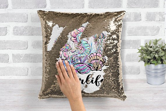 Girl's Merlife or Personalized Gold Sequin Pillow - Squishy Cheeks