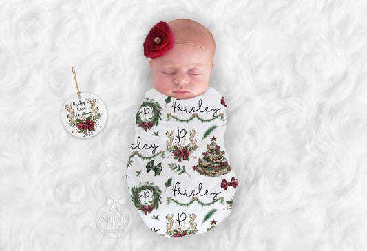 Girls Monogram Christmas Baby Swaddle Blanket - Squishy Cheeks
