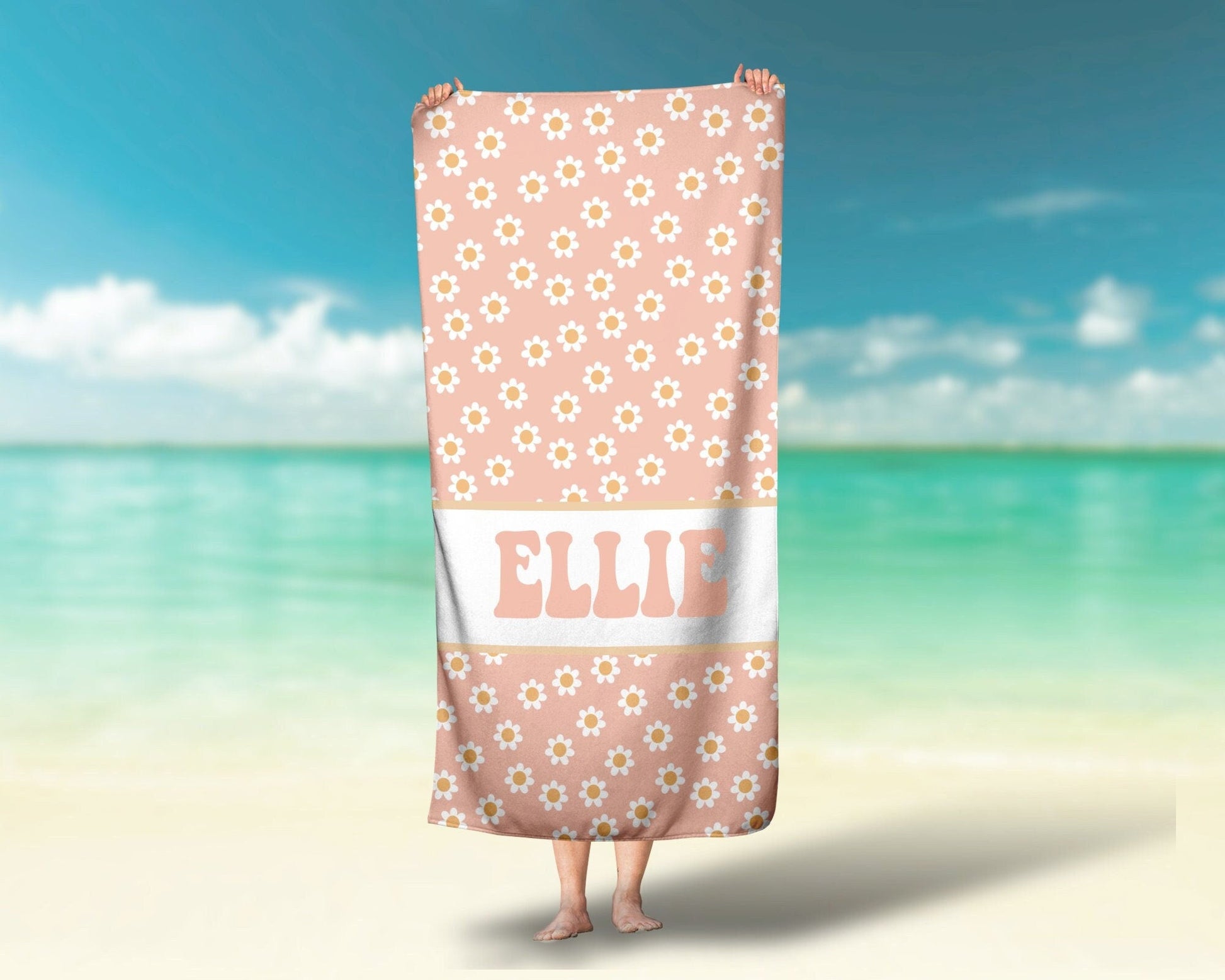 Girls Peach retro groovy daisy print Personalized Beach Towel, Retro Custom Beach Towel - Squishy Cheeks