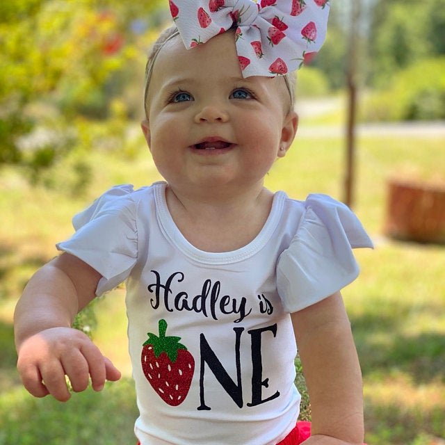 Girl's Personalized 1st Birthday Strawberry Outfit - Squishy Cheeks