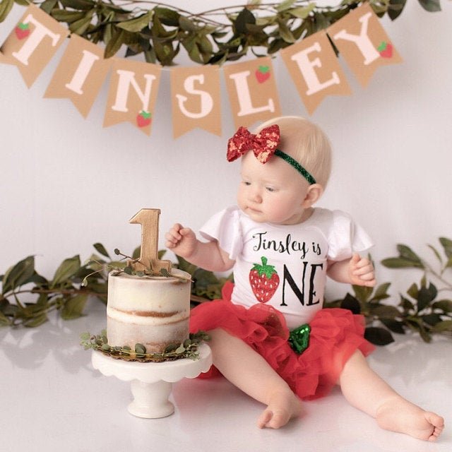 Girl's Personalized 1st Birthday Strawberry Outfit - Squishy Cheeks