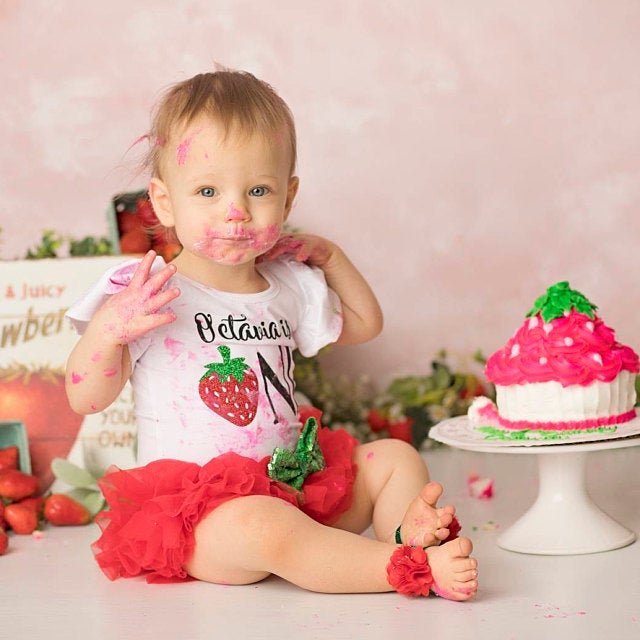 Girl's Personalized 1st Birthday Strawberry Outfit - Squishy Cheeks