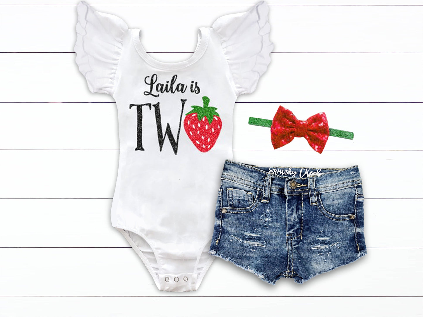 Girl's Personalized 2nd Birthday Strawberry Outfit - Squishy Cheeks