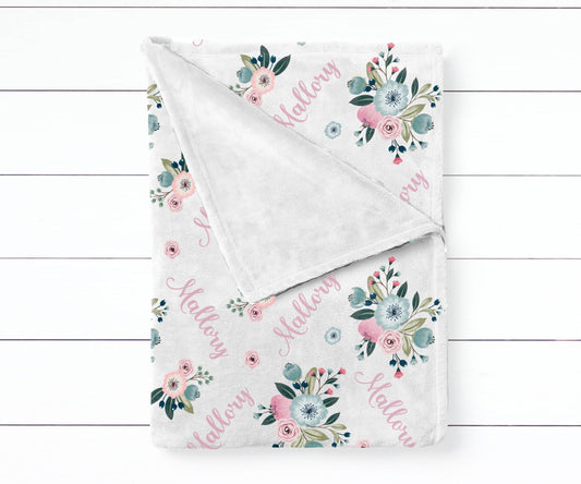 Girl's Personalized Blue & Blush Pink Floral Swaddle Blanket - Squishy Cheeks