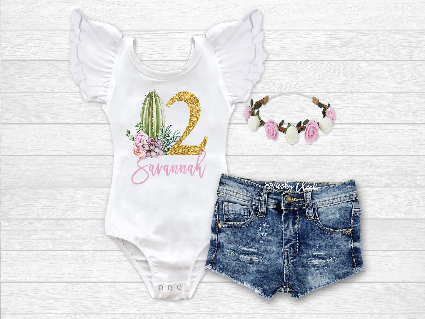 Girl's Personalized Cactus Succulent Birthday Outfit - Squishy Cheeks