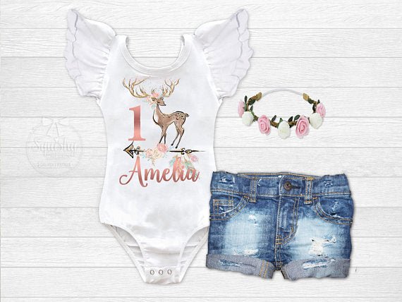 Girl's Personalized Fawn Birthday Outfit - Squishy Cheeks