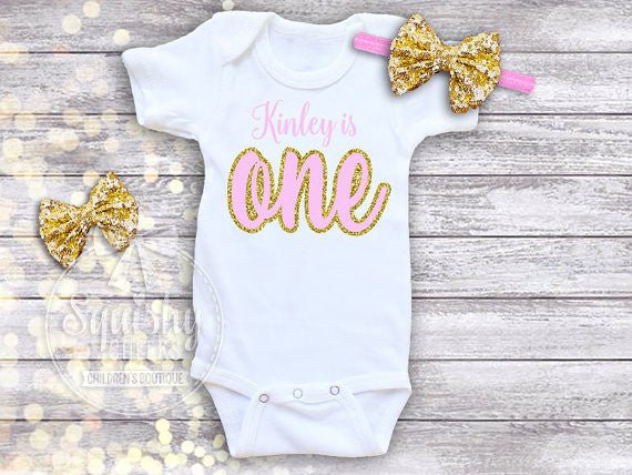 Girl's Personalized Pink and Gold 1st Birthday Outfit - Squishy Cheeks