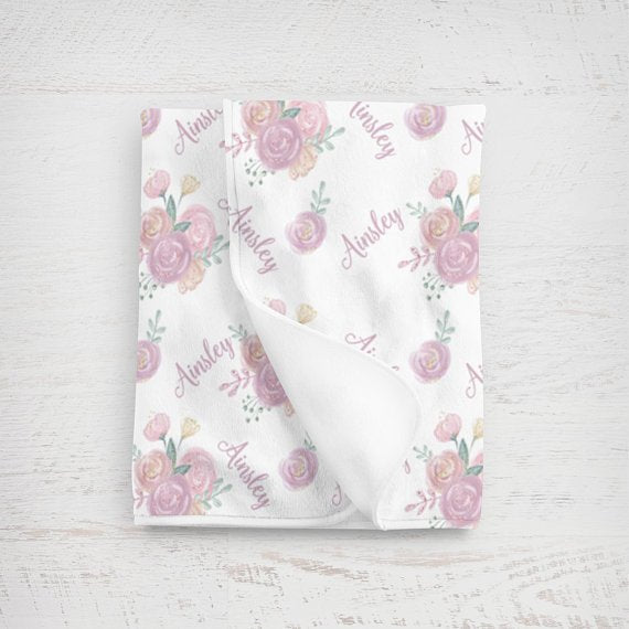 Girl's Personalized Pink Floral Swaddle Blanket - Squishy Cheeks