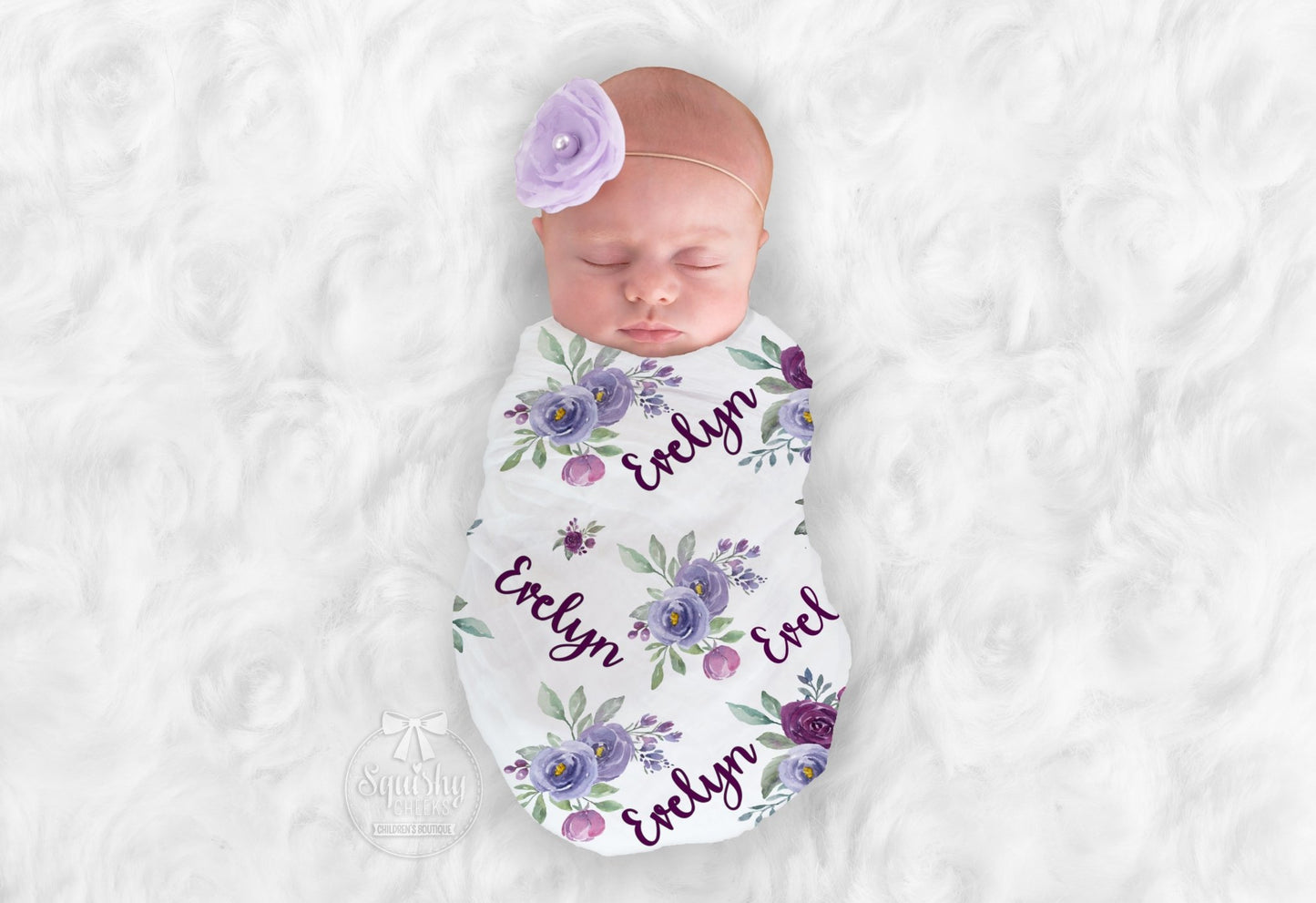 Girl's Personalized Purple Floral Swaddle Blanket - Squishy Cheeks