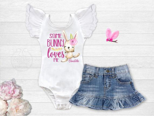 Girl's Personalized Some Bunny Loves Me Outfit - Squishy Cheeks