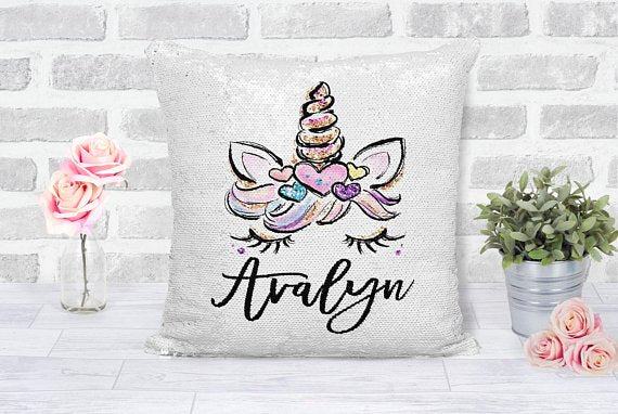 Girl's Personalized Unicorn Rose Gold Sequin Pillow - Squishy Cheeks