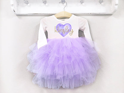Girls Personalized Valentines Day Dress Lavender Fluffy Dress with Name - Squishy Cheeks
