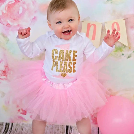 Girl's Pink and Gold Cake Please Birthday Top - Squishy Cheeks