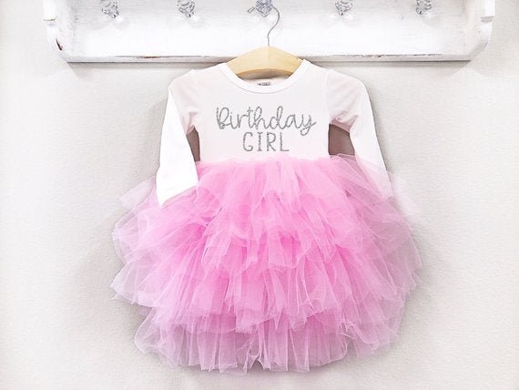 Girl's Pink and Silver Long Sleeve Birthday Girl Dress - Squishy Cheeks