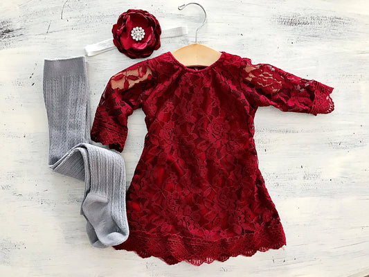 Girl's Red Lace Dress Crochet Outfit - Squishy Cheeks