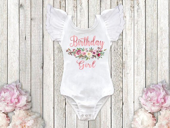 Girl's Rose Gold Floral Birthday Girl Leotard - Squishy Cheeks