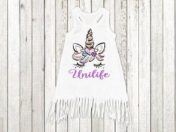 Girl's Unicorn Unilife Personalized Fringe Dress - Squishy Cheeks