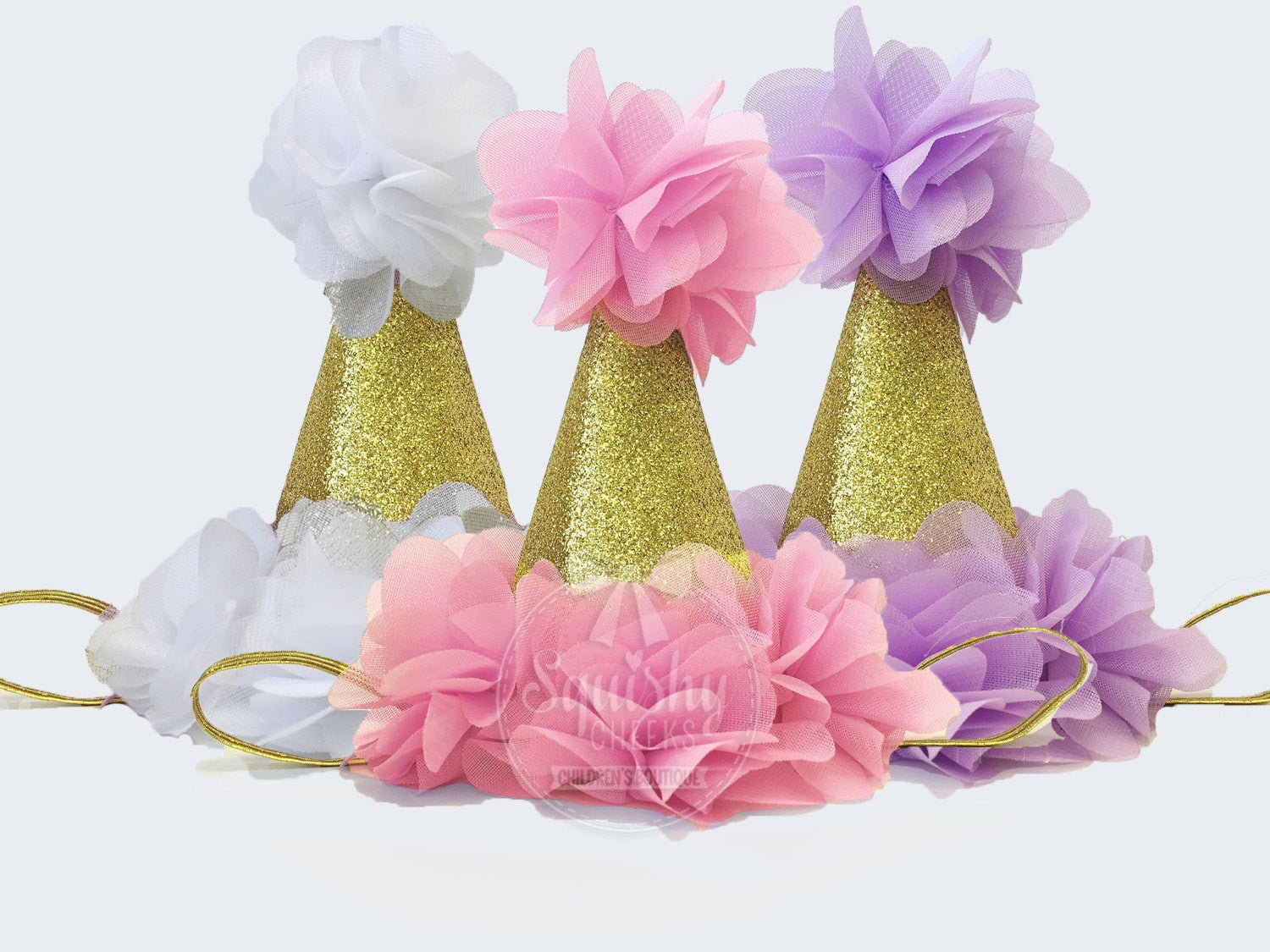 Gold Birthday Hats - Pink, Lavender, Hot Pink - Squishy Cheeks