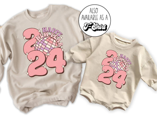 Happy New Years 2024 Pink Matching Mom Kids Shirts NYE Sweatshirts - Squishy Cheeks