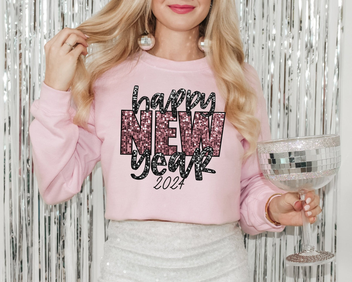 Happy New Years 2024 Pink Sequins Eve Shirt New Year Sweatshirt NYE glitter shirt - Squishy Cheeks