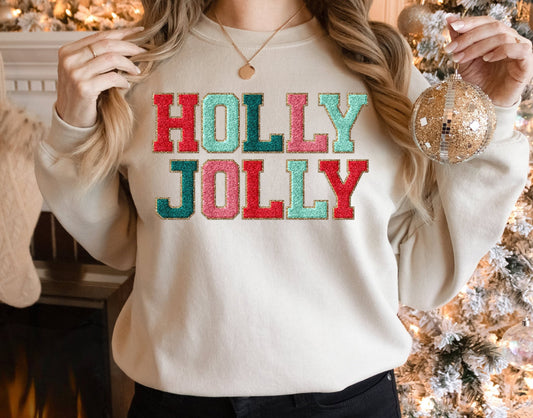 Holly Jolly Faux Chenille Letter Woman's Christmas Sweatshirt - Squishy Cheeks