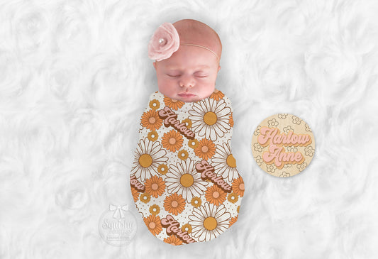 Retro Daisy Blanket Personalize Baby Girl Blanket Custom Name Blanket Daisy Nursery Swaddle Baby Shower Gift Receiving Blanket Plush Blanket